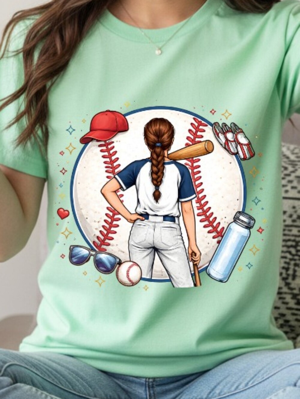Gildan Mint Green Short Sleeve Tee with Baseball Player Graphic